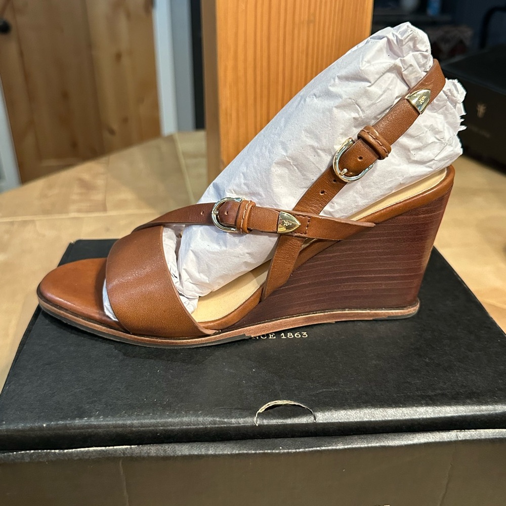 Frye Tan Leather Wedge Sandals